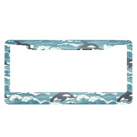 Swono Waves and Sharks Blue License Plate Frame Blue Storm Waves with Sea Whales License Plate Cover Aluminum Metal License Plate Holder Frame for Women Men Auto Decoration for US Car/Truck