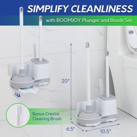 BOOMJOY Toilet Brush and Plunger Set with Crevice Cleaning Brush, White Plunger and Brush Combo with Hidden Holder, Bathroom Plunger and Toilet Bowl Brush Set Heavy Duty