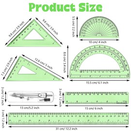 Zonon 1 Set Plastic Geometry Math Set Includes Drawing Compass, 6 Inch 4 Inch Protractor, 45/60 Degree Triangle Rulers 12 Inch 6 Inch Math Ruler Transparent for Office Supplies(Green)