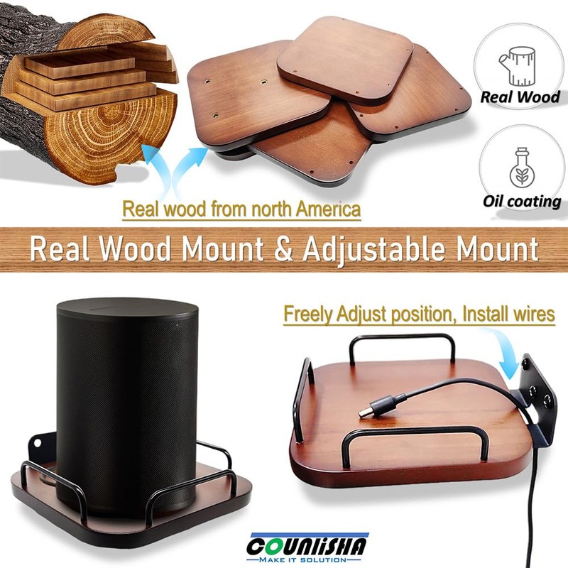 Universal Speaker Wall Mount,Secure Adjustable Real Wood Wall Bracket Holder,Small