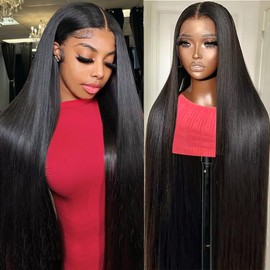 AUOU 13x6 Lace Front Wigs Human Hair Pre Plucked 34 Inch Straight HD Lace Front Wigs Human Hair 200 Density 13x6 Frontal Wigs Human Hair with Baby Hair Straight Glueless Wigs Human Hair for Women