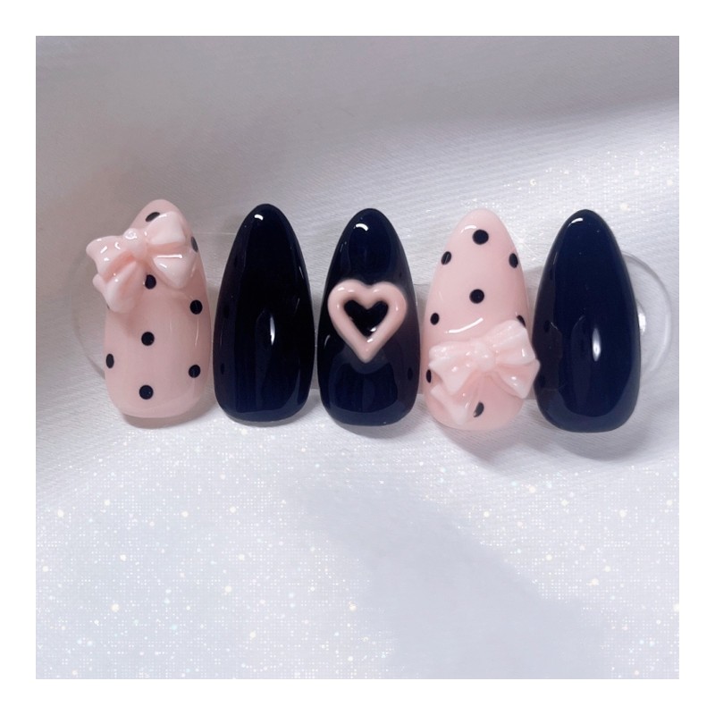 [Handmade Nail Tips] Ribbon Dotted Nail Tips - Stiletto /