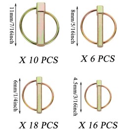 GBACHOOSE 50PCS Lynch Pin Assortment Kit, Heavy Duty Linch Pin Lynch Pin for Trucks, Tractors, Trolleys, Lawn Mowers and Trailers, Included 3/16”x16, 1/4”x18, 5/16”x6 and 7/16”x10