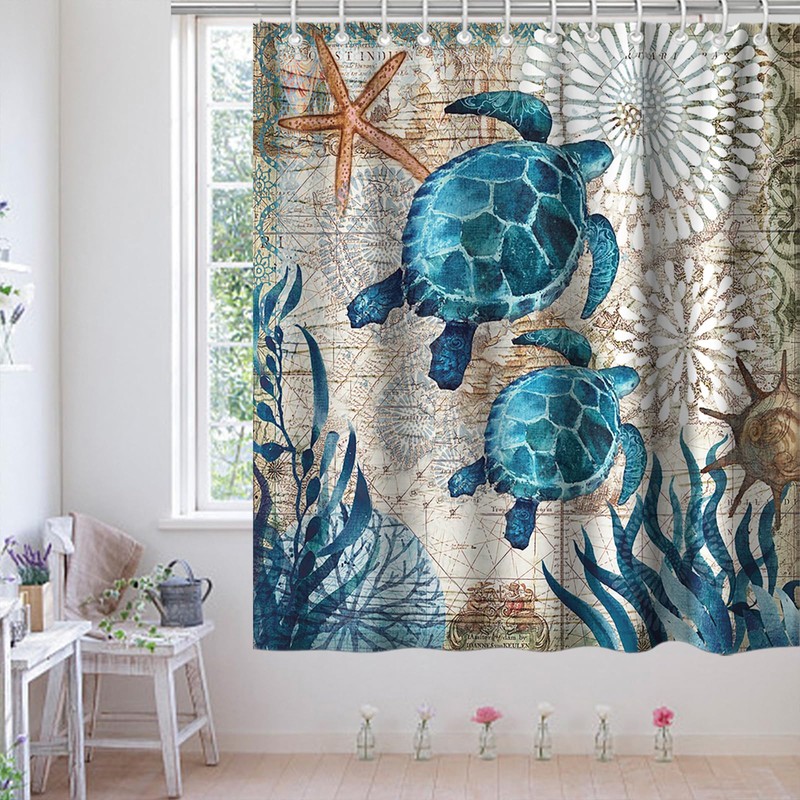 Final Friday Nautical Shower Curtain Teal Sea Turtles Theme Fabric
