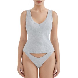 SUUKSESS Women Cotton Ribbed Summer Loose Going Out Tops Padded Sleeveless Trendy Tank Tops Basic V Neck Top (Flower Grey, Large)