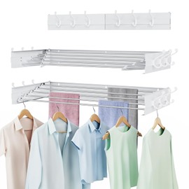 SZJoyBet Laundry Drying Rack, Collapsible Wall Mounted Clothes Drying Rack - Foldable,Space Saving, 13.2 Linear Ft, 5 Aluminum Rods, 60 lb Capacity (White, 31.5" Wide)