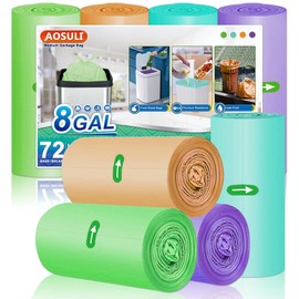 AOSULI Bolsas de basura de cocina de 8 galones, bolsas de basura de colores medianos, bolsas de basura de 30 litros más gruesas, 72 revestimientos de basura/4 rollos para cocina, oficina, jardín, papelera
