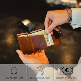 BAUR Slim Wallet with Coin Compartment, Genuine Leather Credit Card Holder for Men, Aluminium Pop-Up Case with RFID Protection, Smart Wallet, Small Wallet, dark brown, Zipped coin pocket