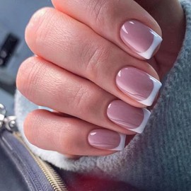 French False Nails - Press on Nails - Full Cover False Nails Nude White Square Stick on Nails - French Fake Nails Stick on Nails for Women and Girls Nail Art