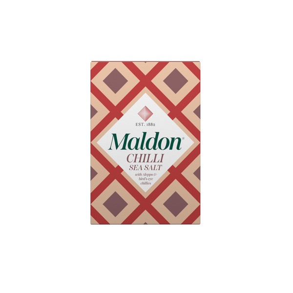 Maldon Chilli Sea Salt Flakes, blended with Aleppo & Bird’s Eye Chillies - Take simple dishes to the next level - Fantastic Flavour - Unique Pyramid-Shaped Sea Salt Flakes - 100g Box