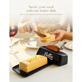 Black Butter Dish with Lid and Knife，Black Butter Tray，Ceramic Butter Holder for Counter Humanized Clamp-able Knife Handle Design Perfect for East West Coast Butter