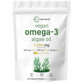 Micro Ingredients Aceite de algas vegano con omega 3, 240 cápsulas blandas vegetales  Alternativa al aceite de pescado  DHA 500 mg y DPA 100 mg  Sin  