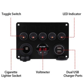 Panel de interruptores de palanca, 12-24V 5 Gang On/Off Panel de interruptores de palanca Dual voltímetro USB para carro Barco Marino(rojo)