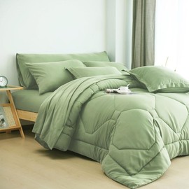 TRP Bed in a Bag 8 Piece Reversible Lightweight Pretty Geometric Quilted Design Fall Comforter Set King Size | All Seasons Solid Sage Green Color Hotel Bedding Soft Plush Aesthetic Farmhouse Look