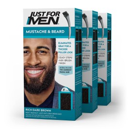 Just For Men Mustache & Beard, Beard Dye for Men with Brush Included, With Keratin Biotin Aloe and Coconut Oil for Healthy Facial Hair - Rich Dark Brown, M-47, Pack of 3 (Packaging May Vary)