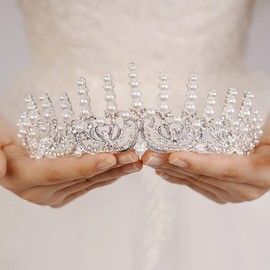 Wekicici Vintage Pearl Tiara Silver Bronze Queen Crown Wedding Tiaras for Women Birthday Quinceanera Pageant Prom