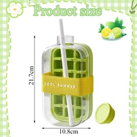 Ice Cube Bottle with Straw, 2 in 1 Water Bottle Ice Cube Tray with Lid Portable One-Touch Ice Release & No Touching for Home Outdoor Office Coffee, Juice (Green 800ML)