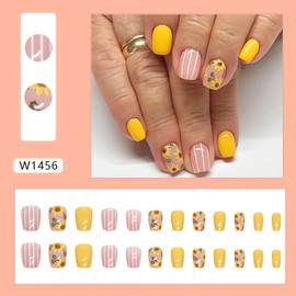 Sunflower Press on Nails Short Fake Nails Square Shape False Nails Summer Yellow Acrylic Nails Cute Flowers Stick on Nails Short Artificial Nails for Women Finger Manicure Decorations, 24Pcs