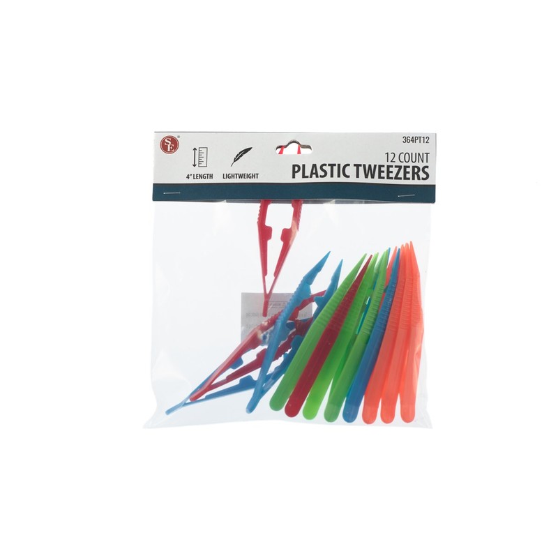 SE 4" Assorted Color Plastic Tweezers (12 Count) - 364PT12