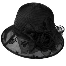 KORADI Women Organza Sun Hat Fascinators Bucket Bowler Hat for Tea Party Bridal Wedding Church Dress Hat Wide Brim Sun Cap(Black15)