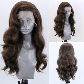 KAMIMASU Long Wavy 6# Brown Wig with Side Part Dark Brown Synthetic Wig 13x4 Lace Handmade Crochet Heat Resistant Fiber Coffee Brown Hair for Women, Drag Queen Cosplay 24 Inches