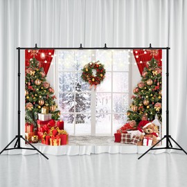 Printspree Christmas Window Backdrop 7x5ft | Snowy Winter Wonderland with Christmas Trees and Gifts Photography Background | Red Holiday Party Decor for Photoshoots, Festive Christmas Scene