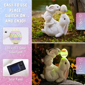 Solar Garden Outdoor Statues Easter Bunny Decor with Egg and 4 Color LED Lights – Garden Rabbit Statue Outdoor Yard decorations for Patio,Lawn,Ornaments – Unique Easter Gifts for Birthday,Women,Mom