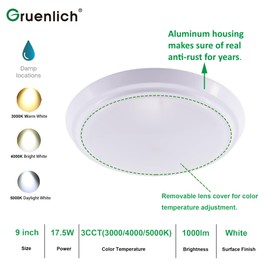 GRUENLICH LED Flush Mount Ceiling Lighting Fixture, 9 Inch Dimmable 17.5W, 1000 Lumen, 3000K 4000K 5000K Selectable, Aluminum Housing, Damp Location Rated, 2-Pack (White Finish)