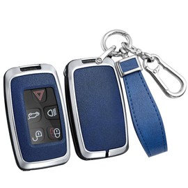 ontto Alloy Car Key fob Cover Fit for Range Rover Discovery Evoque Sport Velar For Jaguar XE E-Pace Leather Smart Key case Shell key holder bag keyring keychain accessories Silver-blue