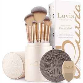 Luvia Make-Up Brush Set 11 Pieces | 8 Vegan Makeup Brushes + Vegan Leather Case, Diamond Beauty Sponge & Cleaning Mat | Prime Vegan Champagne | Cream Matt/Gold | Luvia