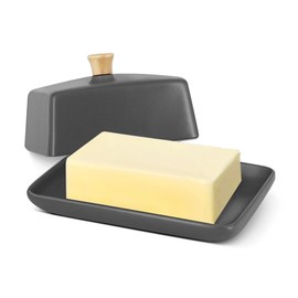 Flexzion Ceramic Gray European Butter Dish with Lid for Countertop (7 Inch) - Wide 2 Stick Double Butter Holder for Counter, Cream Cheese Container Storage Keeper