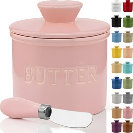 PriorityChef Butter Crock with Lid with Water Line, Ceramic French Butter Dish to Leave On Counter, Pink