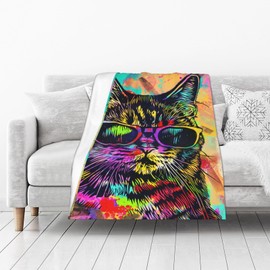 kynvora Colorful Cat with Sunglasses Blanket 50"x60", Fun Cat Throw Blanket for Girls & Women, Ideal Cat Gifts for Cat Lovers, Cozy and Stylish Design for Couch, Bed, or Travel