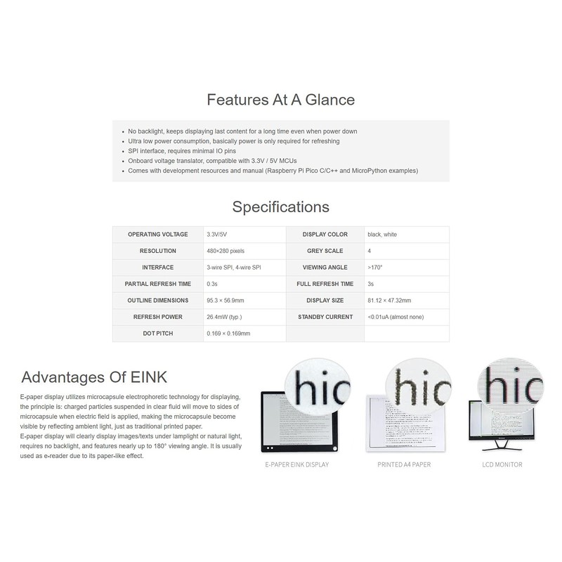 waveshare 3.7inch E-Paper E-Ink Display Module for Raspberry Pi Pico