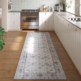 Rugcomf Runner Rug 2'6''x8' Hallway Runner Rug Washable Boho Rug Soft Area Rug Non-Slip Faux Wool Vintage Rug for Kitchen, Entryway, Laundry, Bedroom, Indoor (Grey and White)
