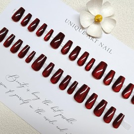 Press on Nail Short Ballet Shaped Artificial Acrylic Nails Wine Red False Nails Crystal Cat Eye Design Solid Color Fake Nails Full Cover Glossy Reusable Coffin Nails Glue on Nails for Women 24Pcs