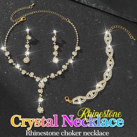 Reaky Bridal Jewelry Set Rhinestone Necklace Silver Crystal Jewelry Sets 3 Pcs Bride Wedding Accessories for Women (Gold)
