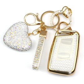 YIKECASE Key Fob Cover with Diamond Keychain Car Key Holder Compatible with VW Volkswagen Atlas Tiguan Passat Jetta GLI Taos Arteon Smart Remote Key Protector for Women, (White-Heart)
