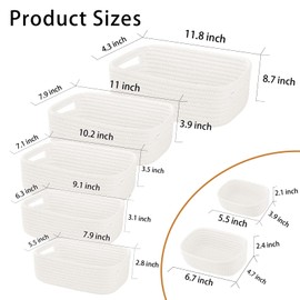 HLWDFLZ 7 Piece Cotton Rope Woven Basket Set - Woven Storage Basket Pets Toy Cotton Rope Basket for Organizing, Small Basket for Montessori, Dog Cat Toy Box, Baby Nursery (Off White)