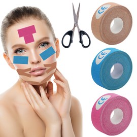 SPOKKI 3 Rolls of Face Tape Against Wrinkles with Scissors, Anti-Wrinkle Face Lifting Band for Smooth Eyes, Mouth, Forehead, 3 Colours, Anti-Wrinkle Plasters, 5 m - 3 Forry Pleats, Sports Band Overnight