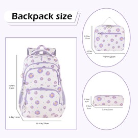 goldwheat Daisy Printed Backpacks With Lunch Pack Pencil Case 3pcs, Lightweight Water Resistant Bookbag For Middle School