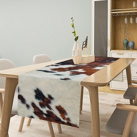 JanJCurt Farmhouse Cowhide Table Runner, Abstract Western Maroon White Cow Fur Western Animal Skin Table Runner for Home Kitchen Dining Table Birthday Party Decoration, 13x108inch
