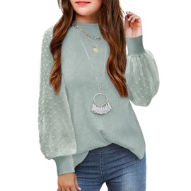Arshiner Girls Puff Long Sleeve Sweaters Crewneck Lace Polka Dot Casual Knit Tops Pullover Jumper Outwear for Kids Light Green