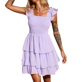 Byinns Womens Square Neck Sleeveless Ruffle Dress High Waist Backless Tiered Smocked Strappy Casual Short Mini Dresses Purple