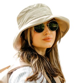 TOP-EX Sun Hats forWomen Wide Brim UV Protection Ladies Summer Bucket Hat Foldable Outdoor Sunhat for Safari Fishing UPF 50 & Waterproof Khaki L