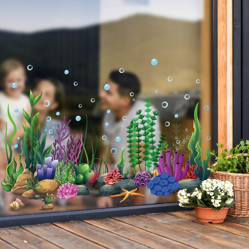 JarThenaAMCS Large Summer Window Clings Ocean Themed Seaweed Coral Window
