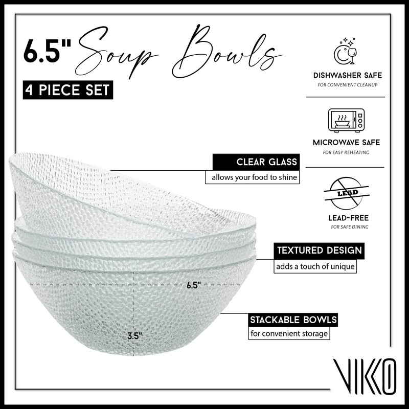Vikko Elegant Textured Glass Salad Bowls, Set of 4, 6.5