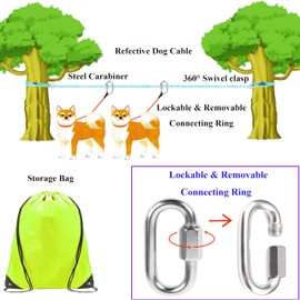 ZENGSUSU Multifunctional Dog Tie Out Cable 100ft for Two Dogs，Reflective Runner Trolley System for Dog Up to 300 lbs，Outdoor Zip Line Long Leash with Handle and Removable Connection Ring