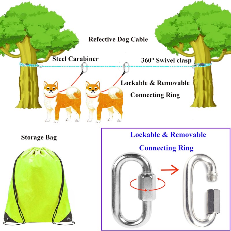 ZENGSUSU Multifunctional Dog Tie Out Cable 100ft for Two Dogs，Reflective
