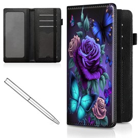 Mxfdegf Checkbook Cover for Men & Women, with Card Slot Pen Hoop, Leather Checkbook Register Holder Money Slim Wallet with RFID Blocking Elastic Strap,Blue Pink Roses Butterflys